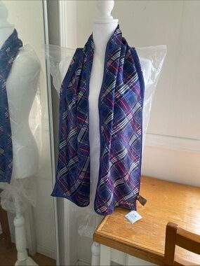 Coach Navy Multicolor Plaid Silk Scarf